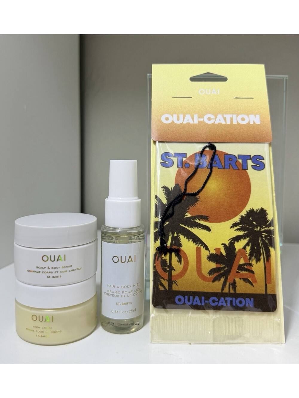 OUAI St. Bart’s Lovers Set! Mini Body Mist, Scrub & Body Cream & Air Freshener